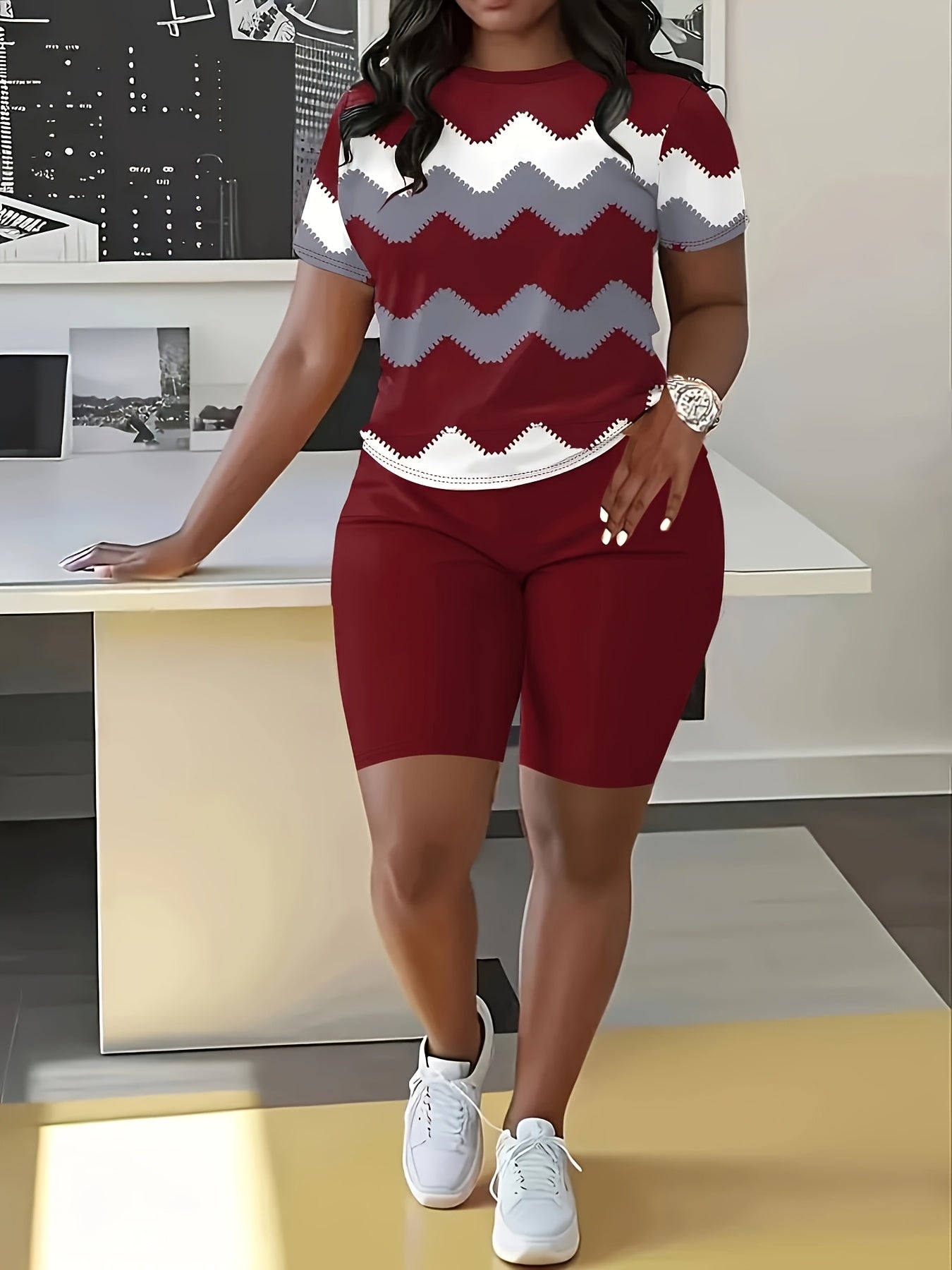 Plus - Size Women'S Casual Striped And Serrated - Printed Short - Sleeve Round - Neck Top And Pants Set