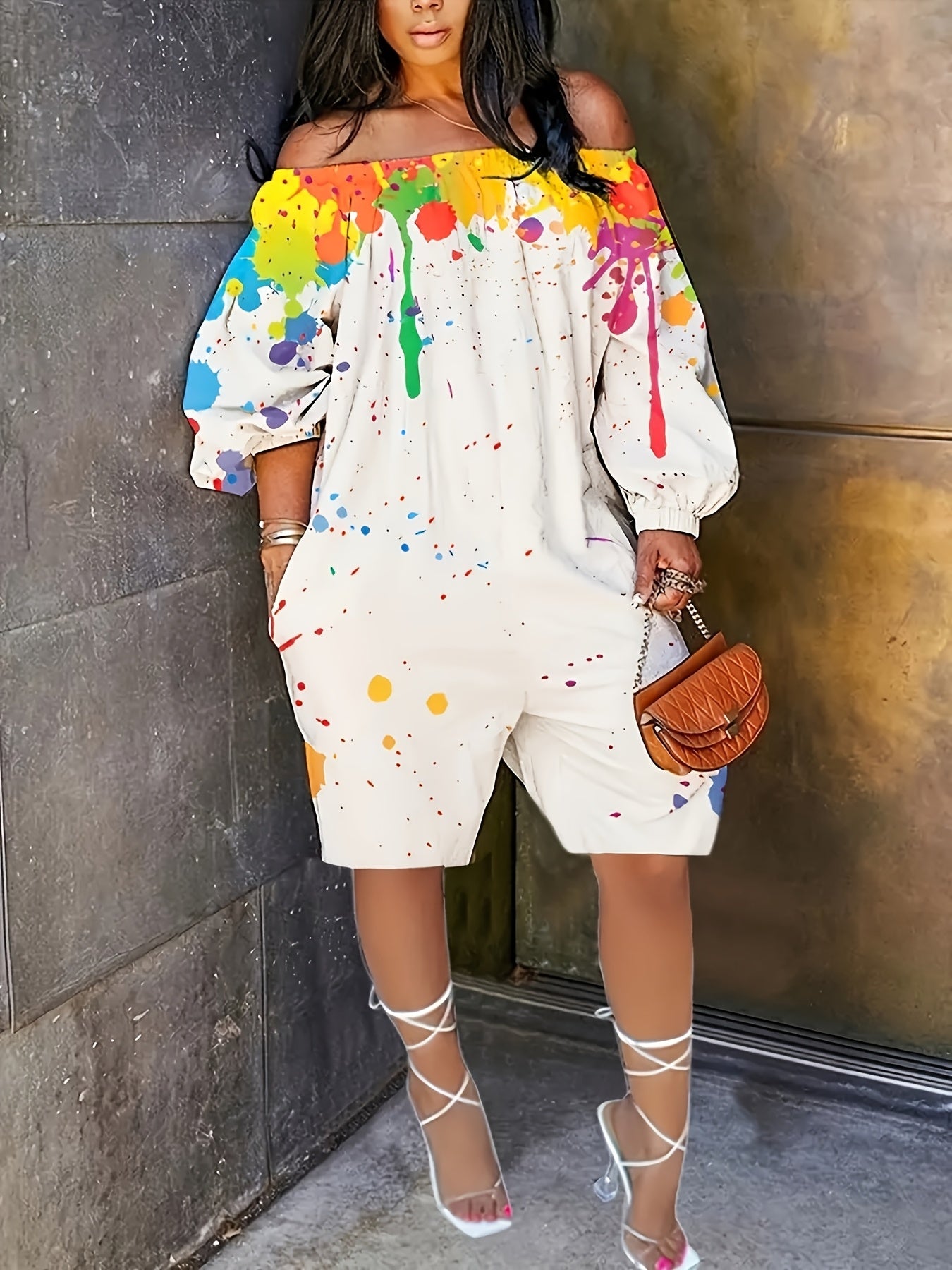 Plus Size Splash Ink Print Romper, Casual Off Shoulder Long Sleeve Romper, Women's Plus Size Clothing