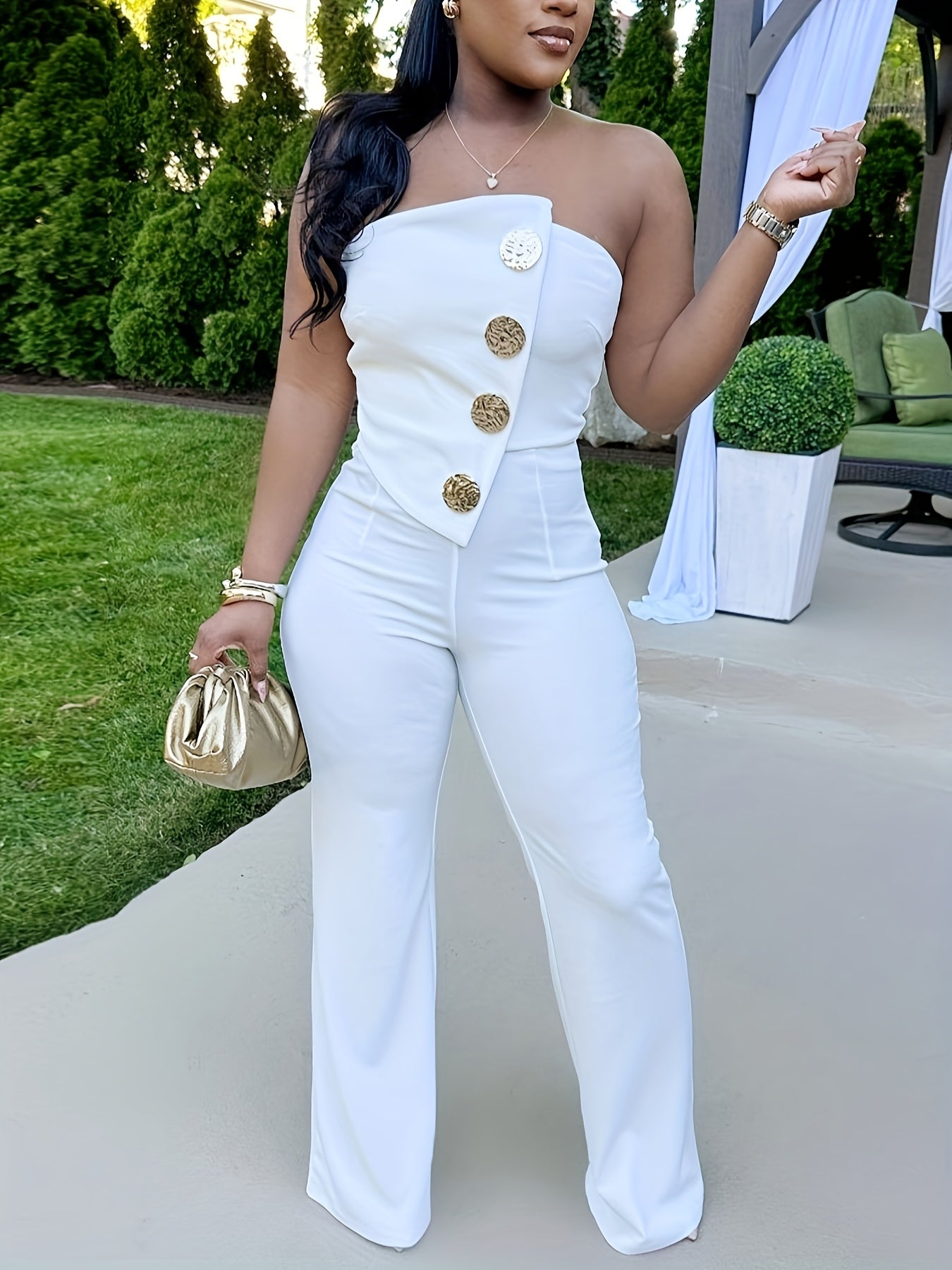 Women's Sleeveless Strapless Bodycon Jumpsuit - Stretchy High-Waisted Wide-Leg Romper with Golden-Tone Buttons, Solid White Elegant Outfit for All Seasons, Hand Wash Only, Allseason Fashion | Offshoulder Style | Sophisticated Tailoring