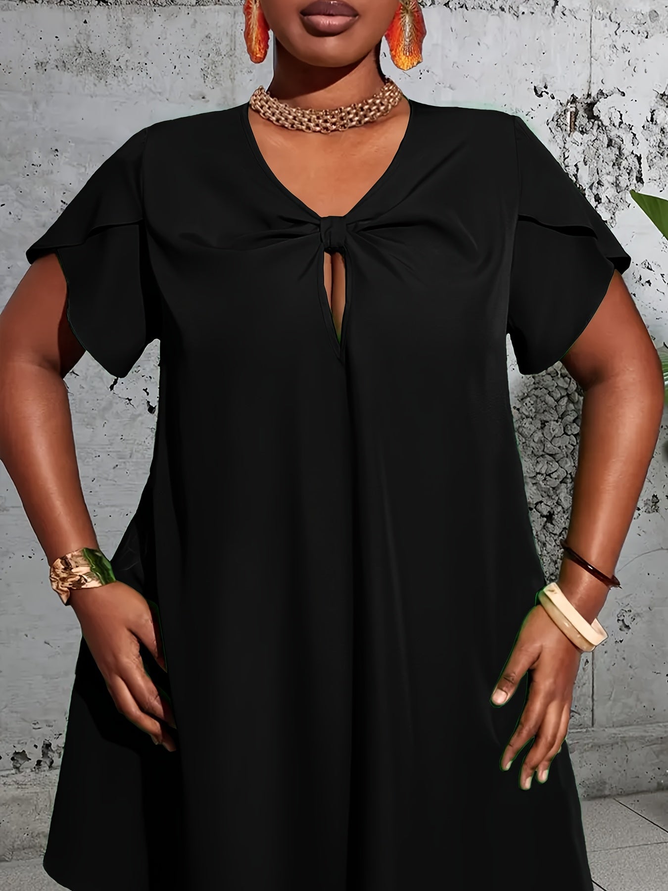 Plus Size Elegant V-Neck Dress with Petal Sleeves and Keyhole Detail - Solid Black, Loose Fit for Spring/Summer/Fall, Women’s Plus Size Fashion