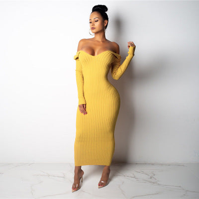 Women Long Sleeve Off Shoulder Knitted Sweater Dress