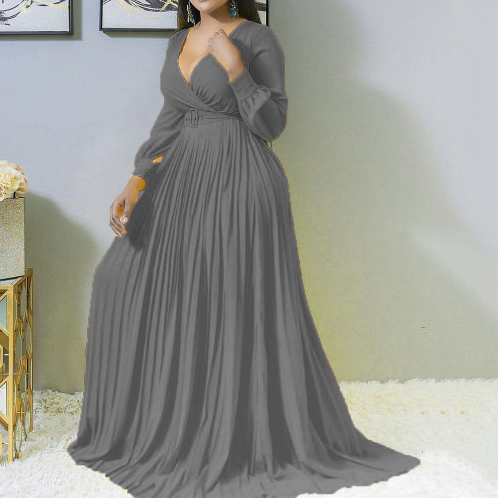 Fashionable Deep v Neck Floor-Length Fall Dress for Women in Plus Sizes