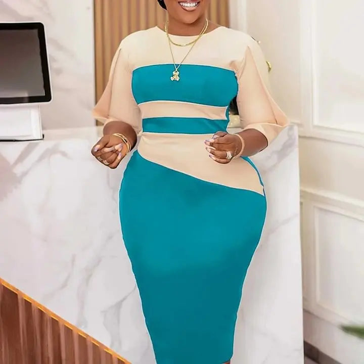 Women Contrast Color Hip Office Pencil Dress