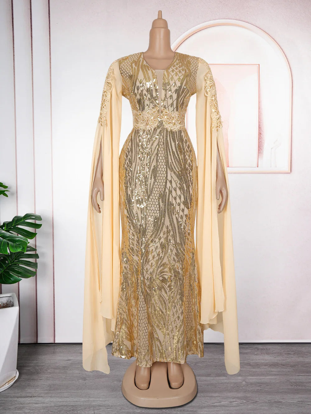 Women's Elegant V-Neck Cape Sleeve Sequin Dress in Plus Sizes