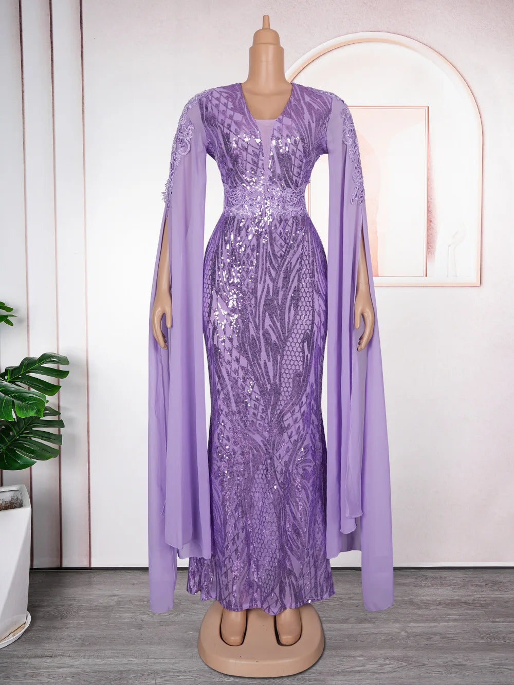 Women's Elegant V-Neck Cape Sleeve Sequin Dress in Plus Sizes