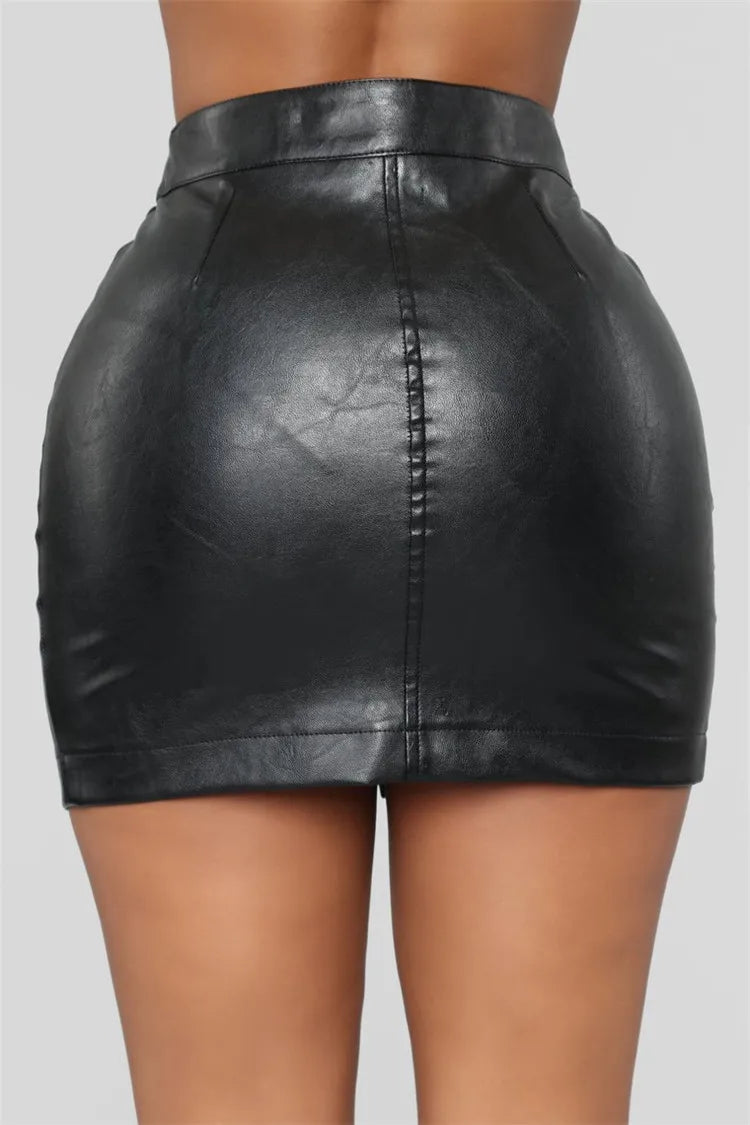 Women Pu Leather a Line Skirt Three Full Zip Pocketed