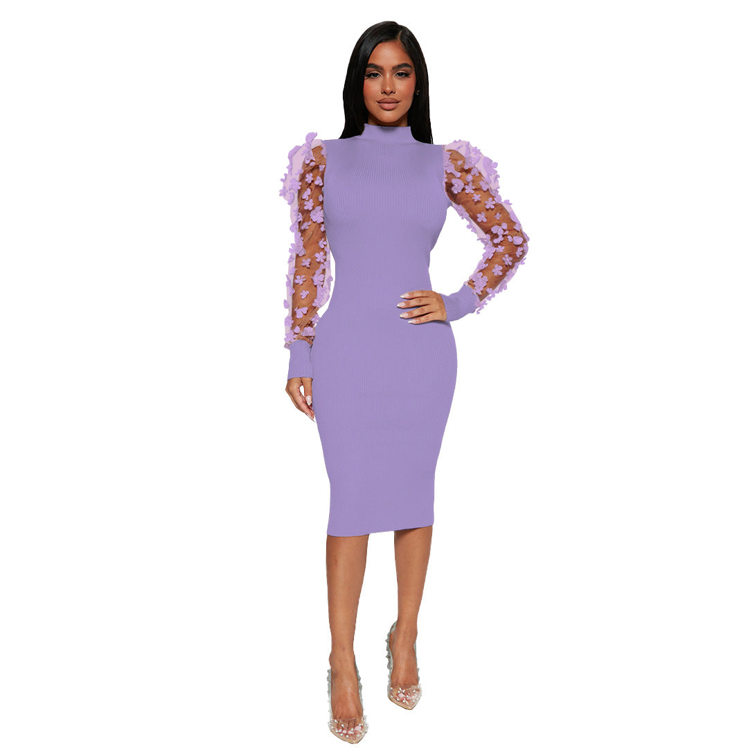 Women Mesh Sleeve Bodycon Knitted Dress