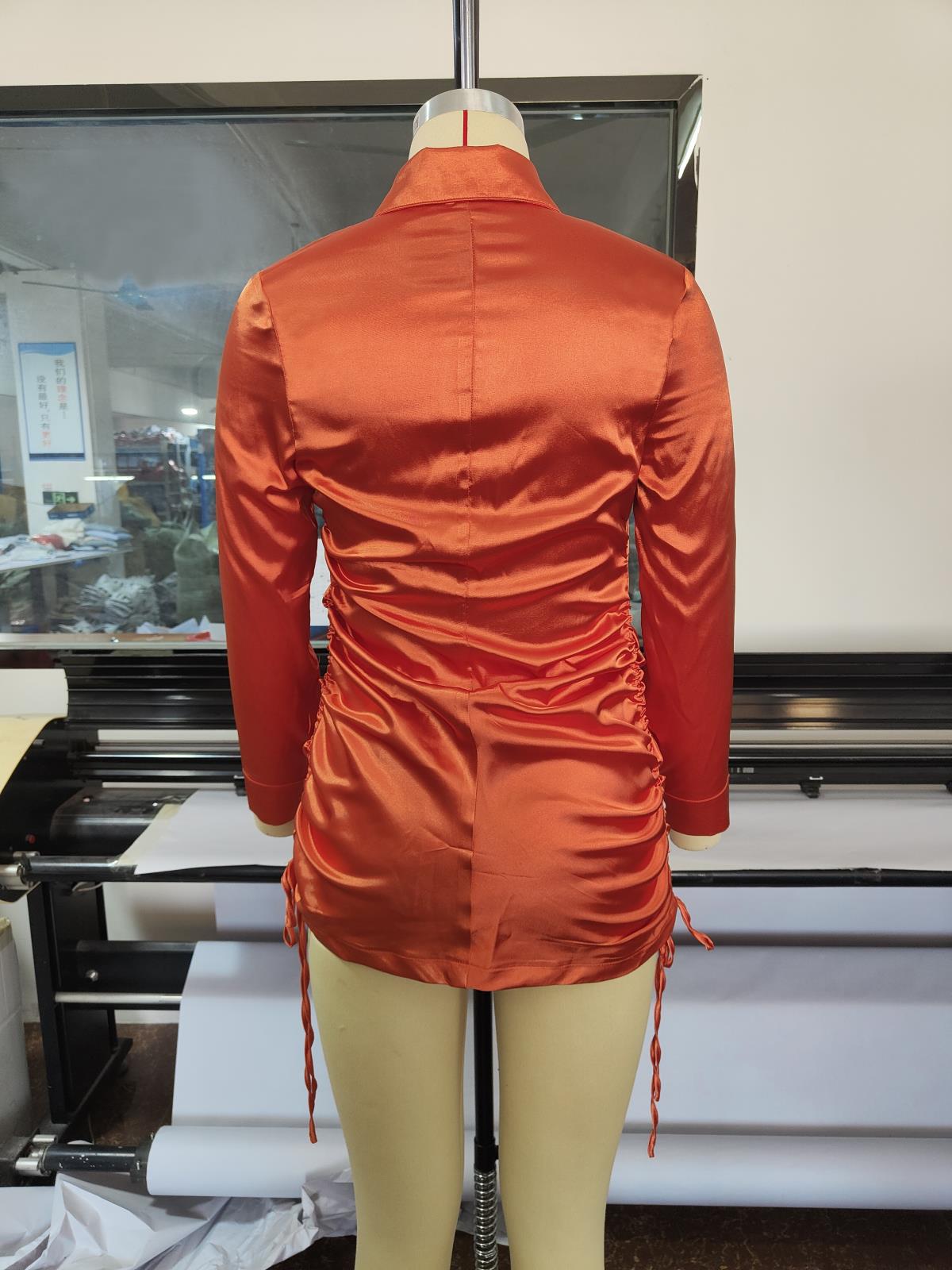 Women Pleated Long Sleeve Ruched Satin Shirt Dress