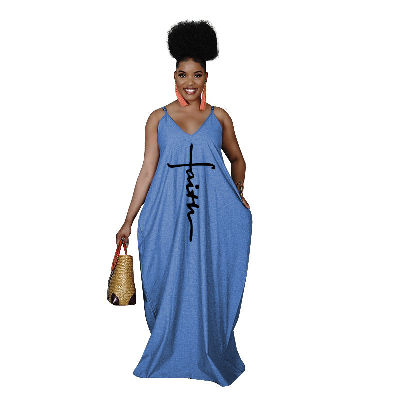 Summer Loose Faith Long Pocket Adjustable Spaghetti Strap Maxi Sundress