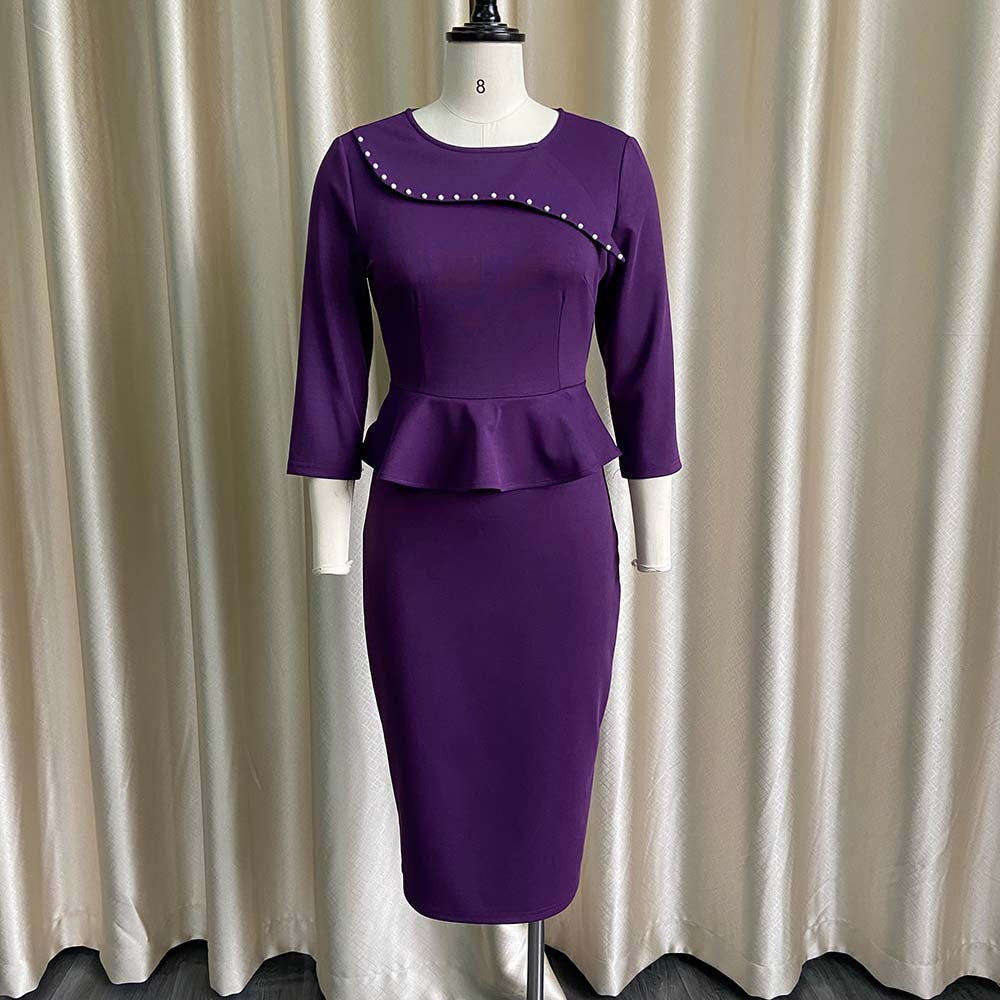 Nail Beading Pencil Solid Color Slim Career Dress for Women