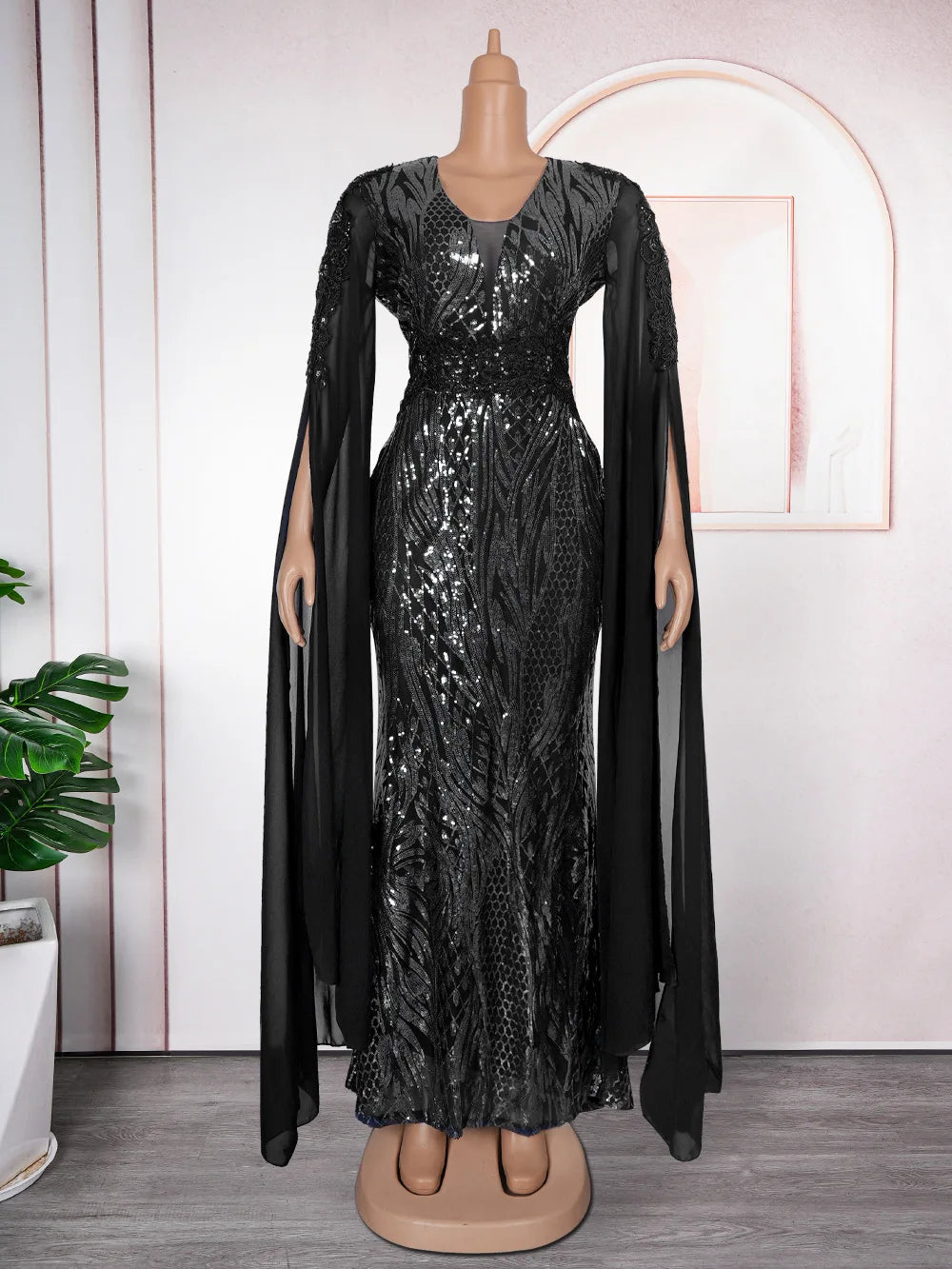 Women's Elegant V-Neck Cape Sleeve Sequin Dress in Plus Sizes