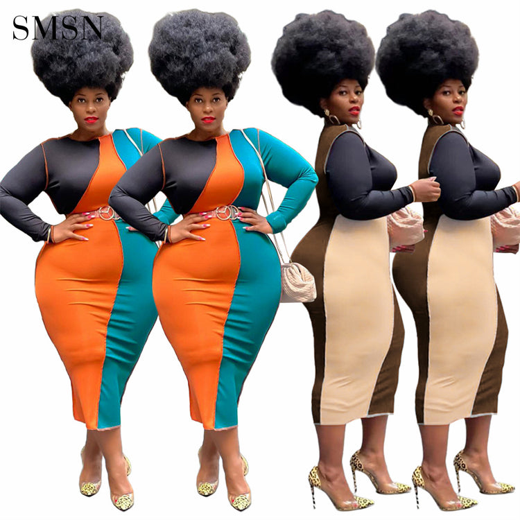 Patchwork Long Sleeve Plus Size Bodycon Dress for Women