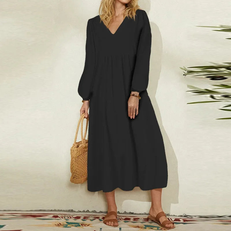 Women Casual Cotton and Linen Loose Lantern Sleeve Dress