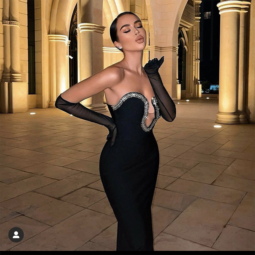 Vestido Elegant Black Strapless Crystal Long Evening Gown Women Plus Size