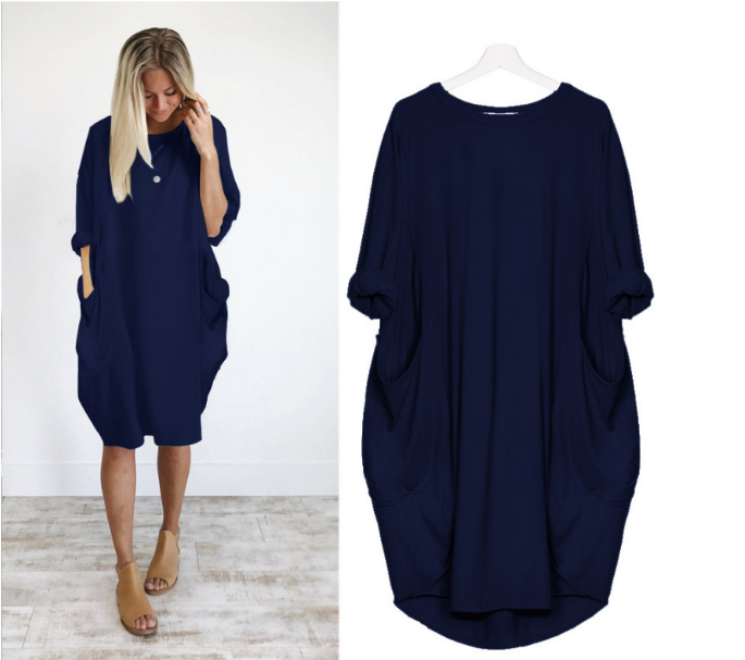 Loose Oversized Womens Baggy Pockets Knee Length Dress