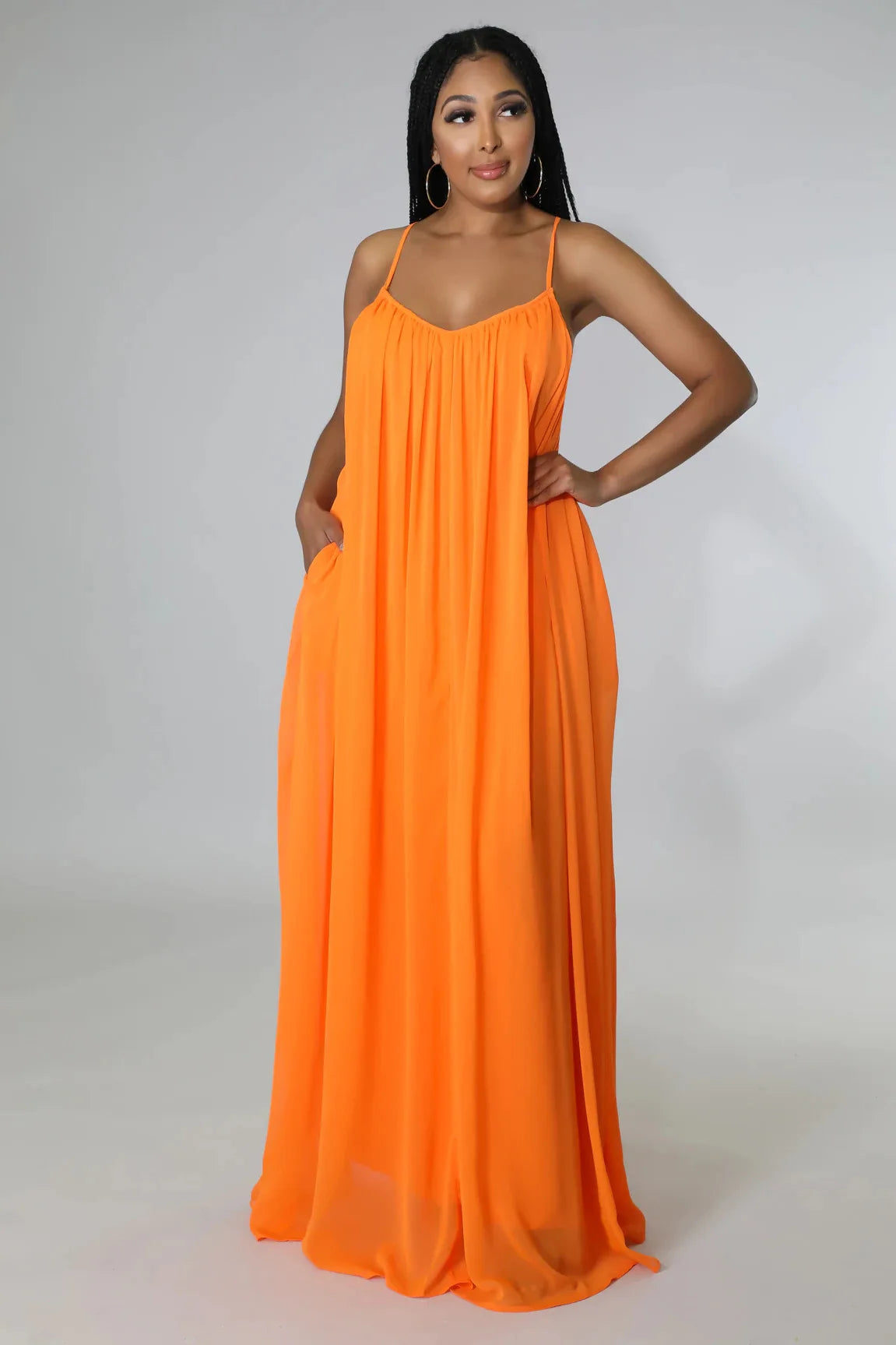 Women Casual Solid Color Backless Spaghetti Strap Long Chifon Dress