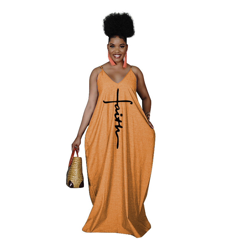 Summer Loose Faith Long Pocket Adjustable Spaghetti Strap Maxi Sundress