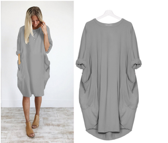 Loose Oversized Womens Baggy Pockets Knee Length Dress