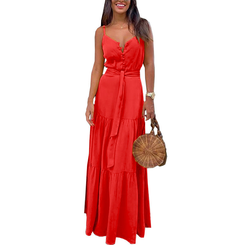 Summer Sleeveless Strapless Halter Button Up Solid Color Sundress