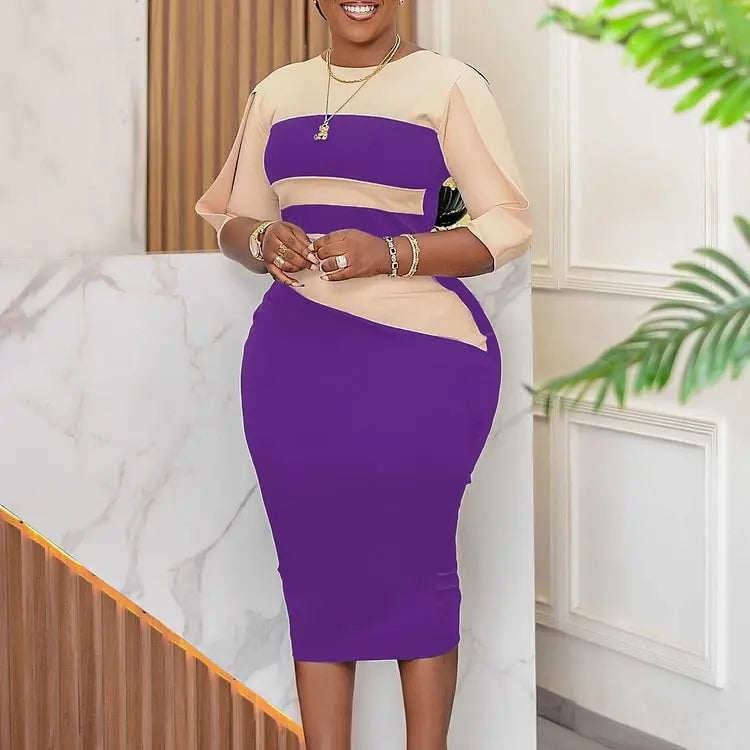 Women Contrast Color Hip Office Pencil Dress