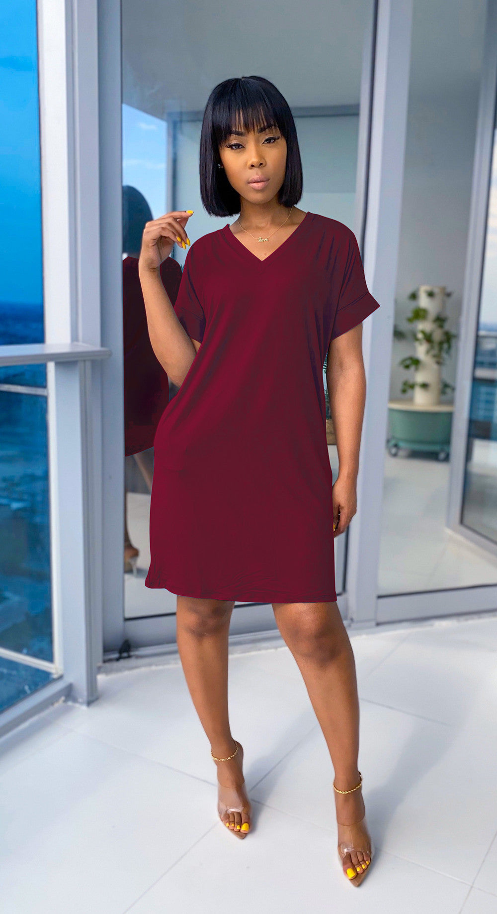 Women Summer v Neck Solid Short Sleeve Knee-Length Dress