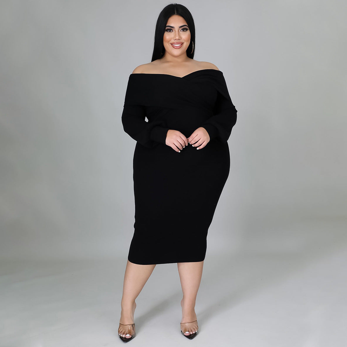 Women's Casual Dresses Off Shoulder Long Sleeve Midi Bodycon Dress