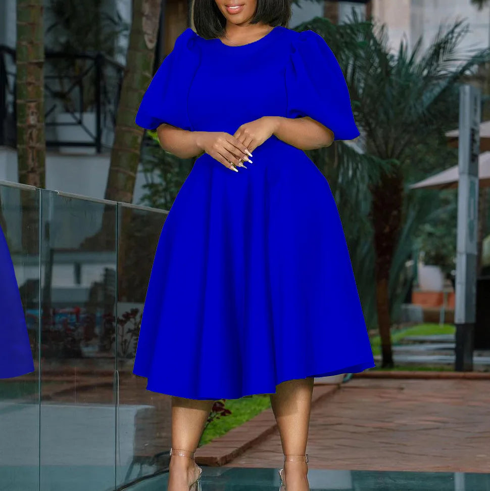 Trendy O-Neck Puff Sleeve High Waist Big Swing A-Line Women Dress in Plus Sizes