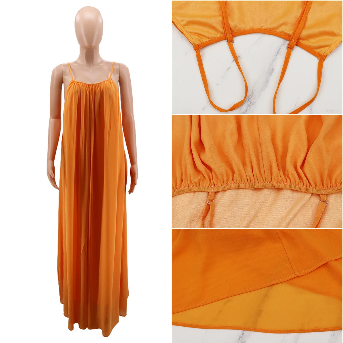 Women Casual Solid Color Backless Spaghetti Strap Long Chifon Dress