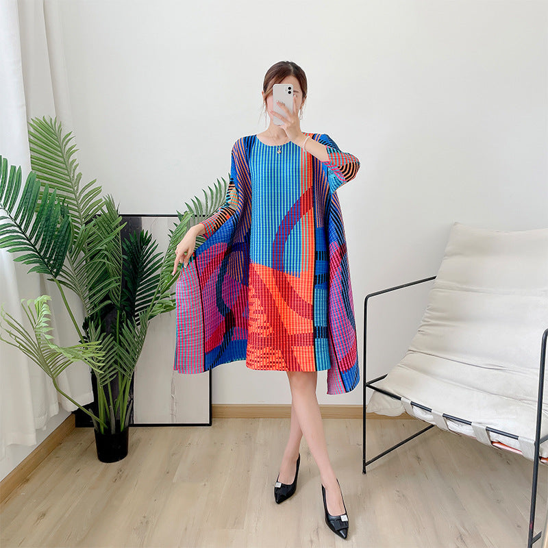 Ruffle Plaid Printing Miyaki Pleated Dress for Women