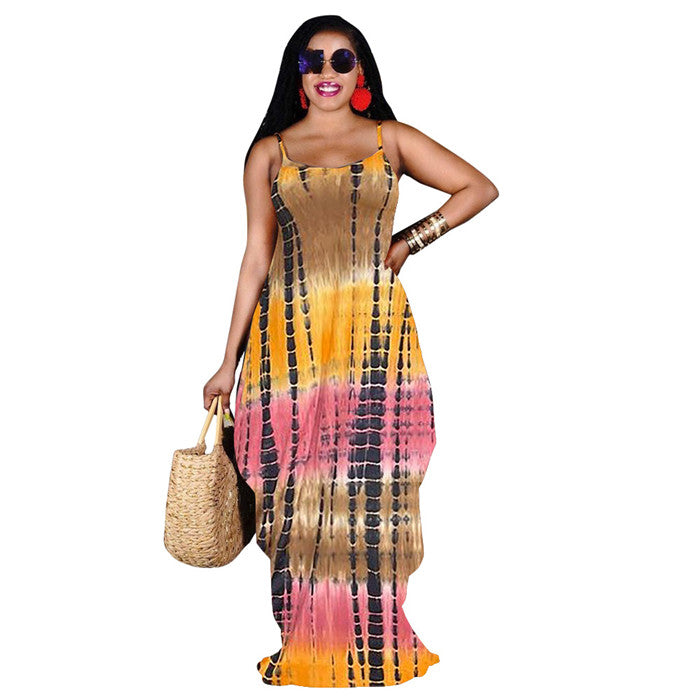 Women Tie Dye Printing Sleeveless Maxi Sundress