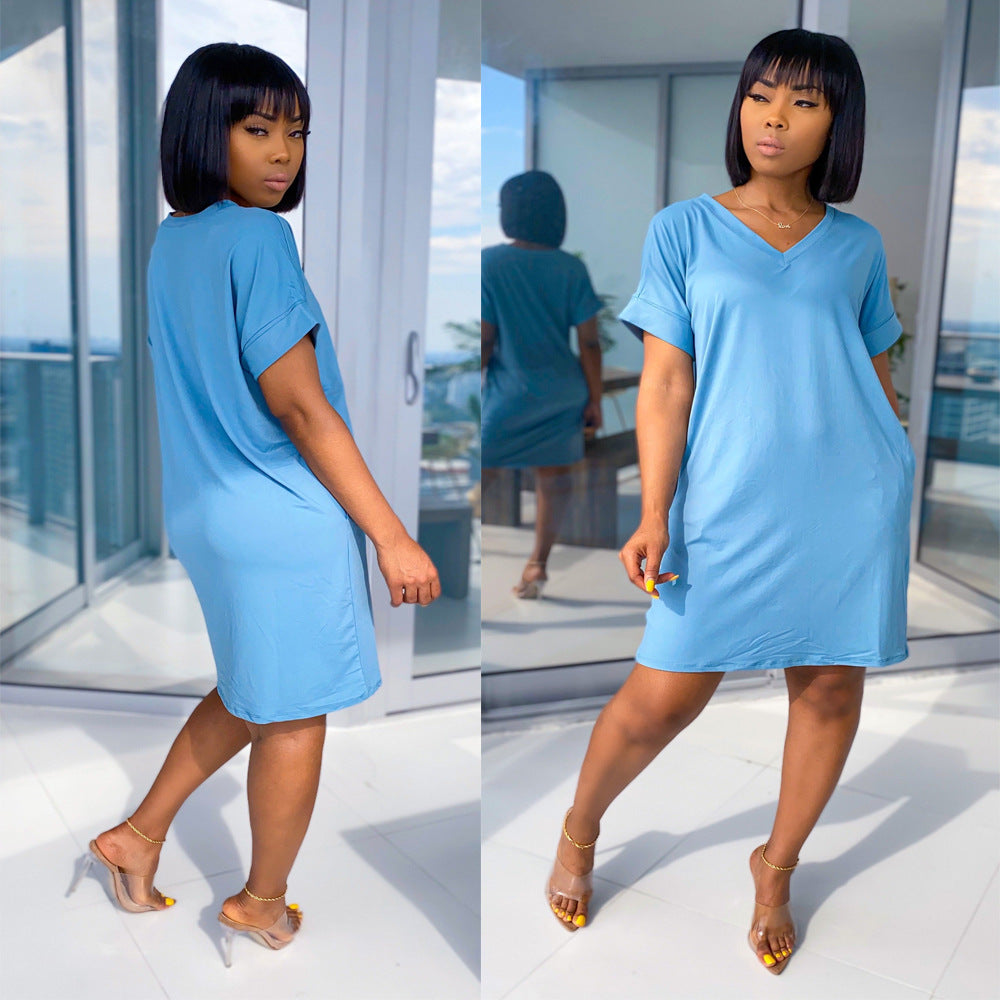 Women Summer v Neck Solid Short Sleeve Knee-Length Dress