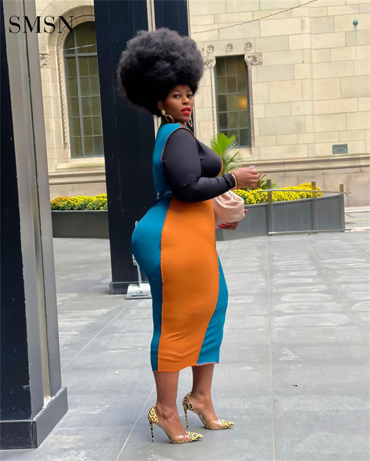 Patchwork Long Sleeve Plus Size Bodycon Dress for Women