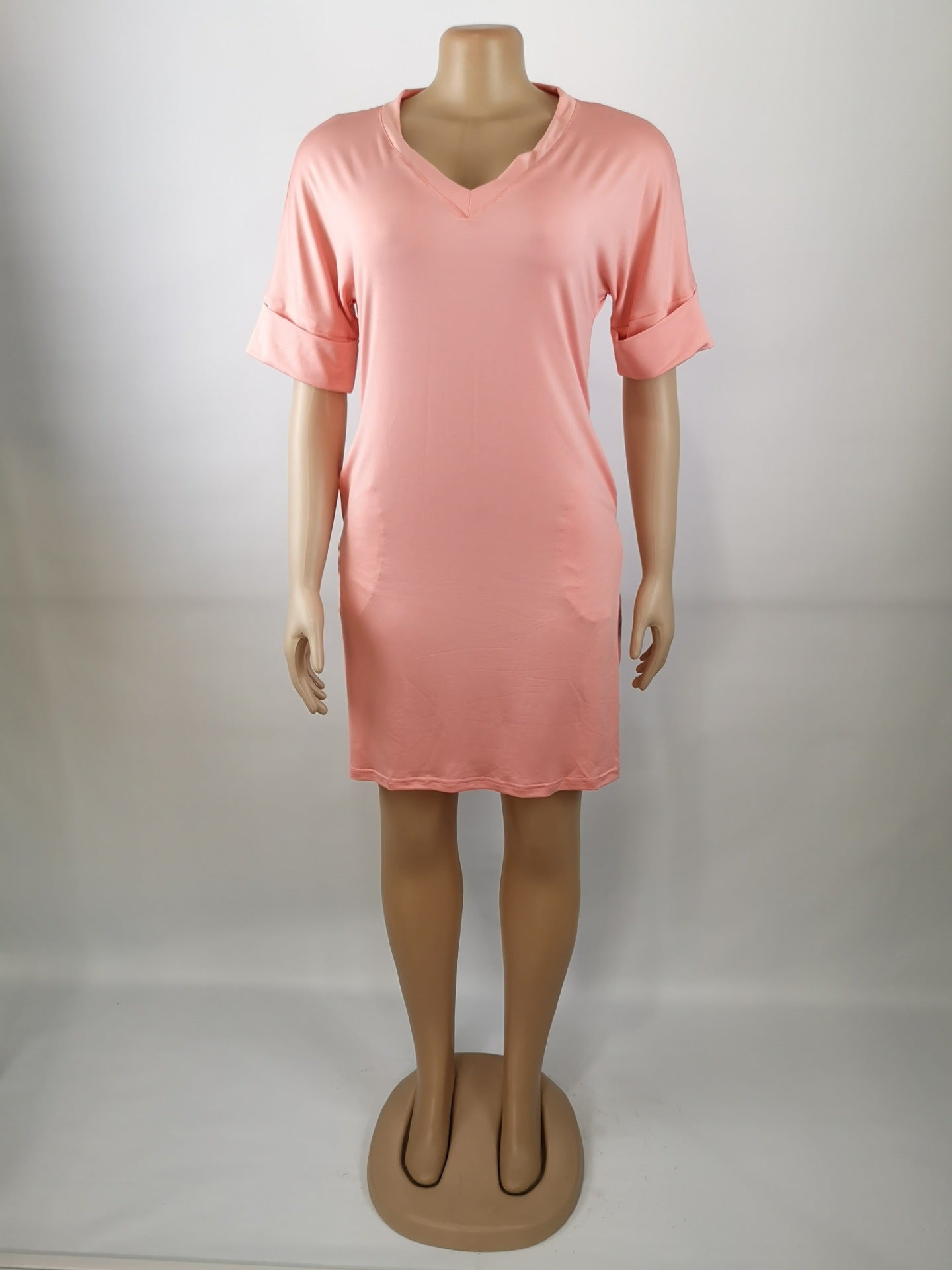 Women Summer v Neck Solid Short Sleeve Knee-Length Dress