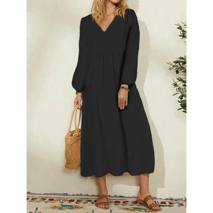 Women Casual Cotton and Linen Loose Lantern Sleeve Dress