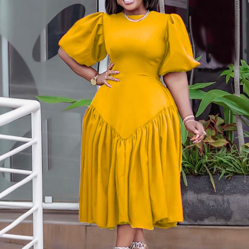 Long Puff Sleeve Pleat Casual Dresses Plus Size Fashion for Women
