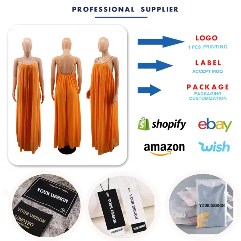 Women Casual Solid Color Backless Spaghetti Strap Long Chifon Dress