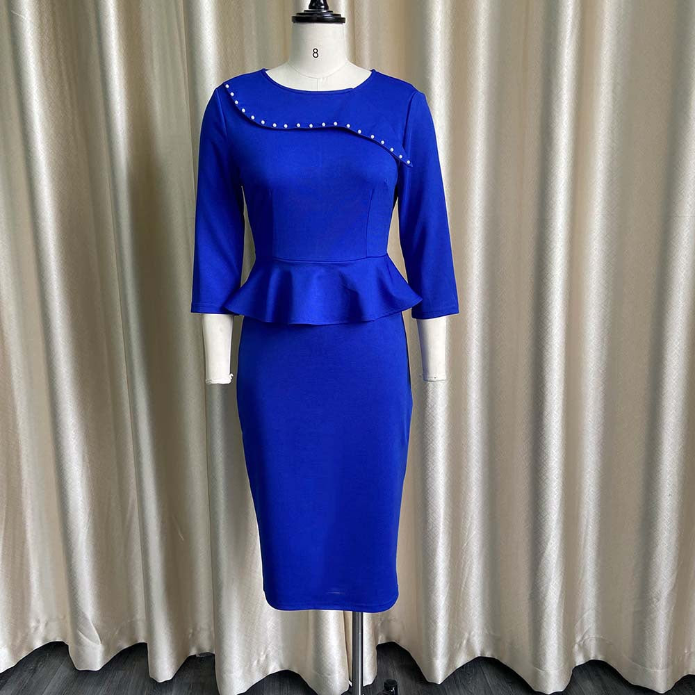 Nail Beading Pencil Solid Color Slim Career Dress for Women