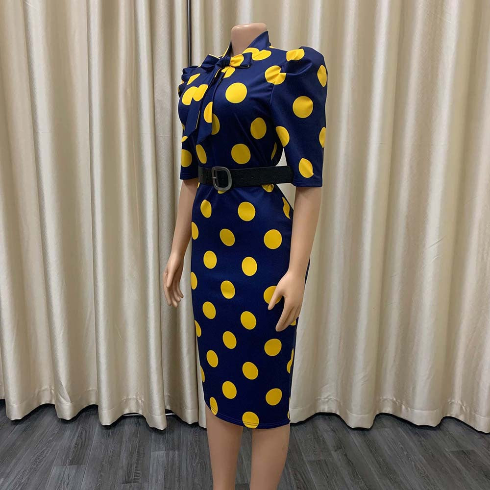 Women Bow Tie Polka Dot Puff Sleeve Office Dress in Plus Sizes