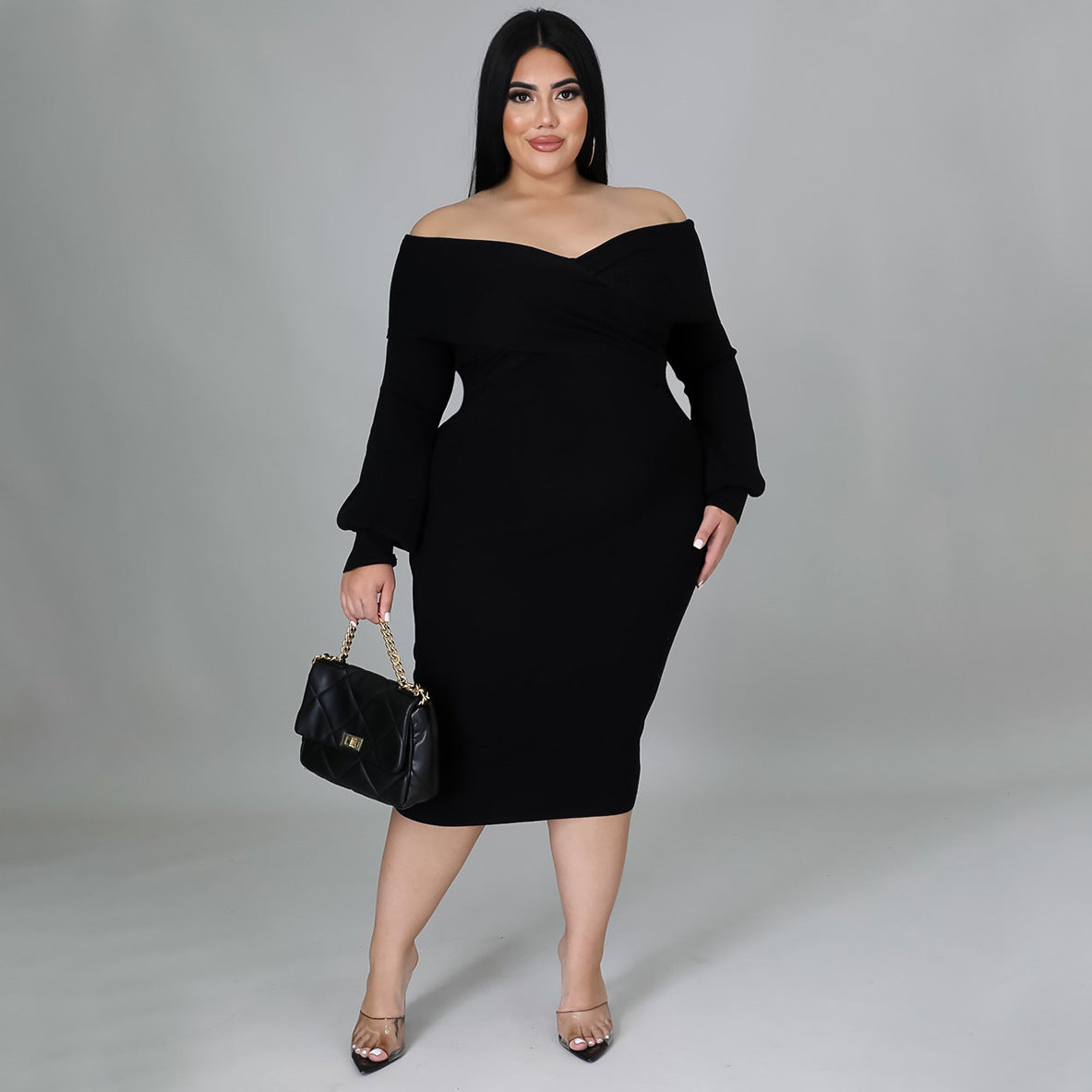 Women's Casual Dresses Off Shoulder Long Sleeve Midi Bodycon Dress