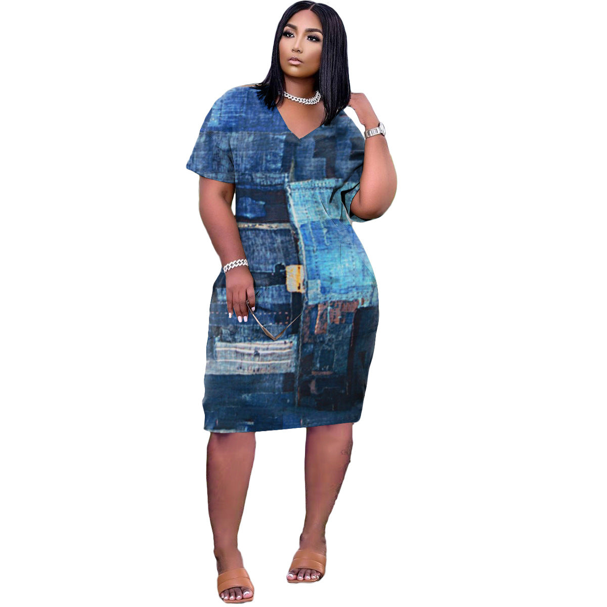 Short Sleeve v Neck Loose Print Women Mini Dress