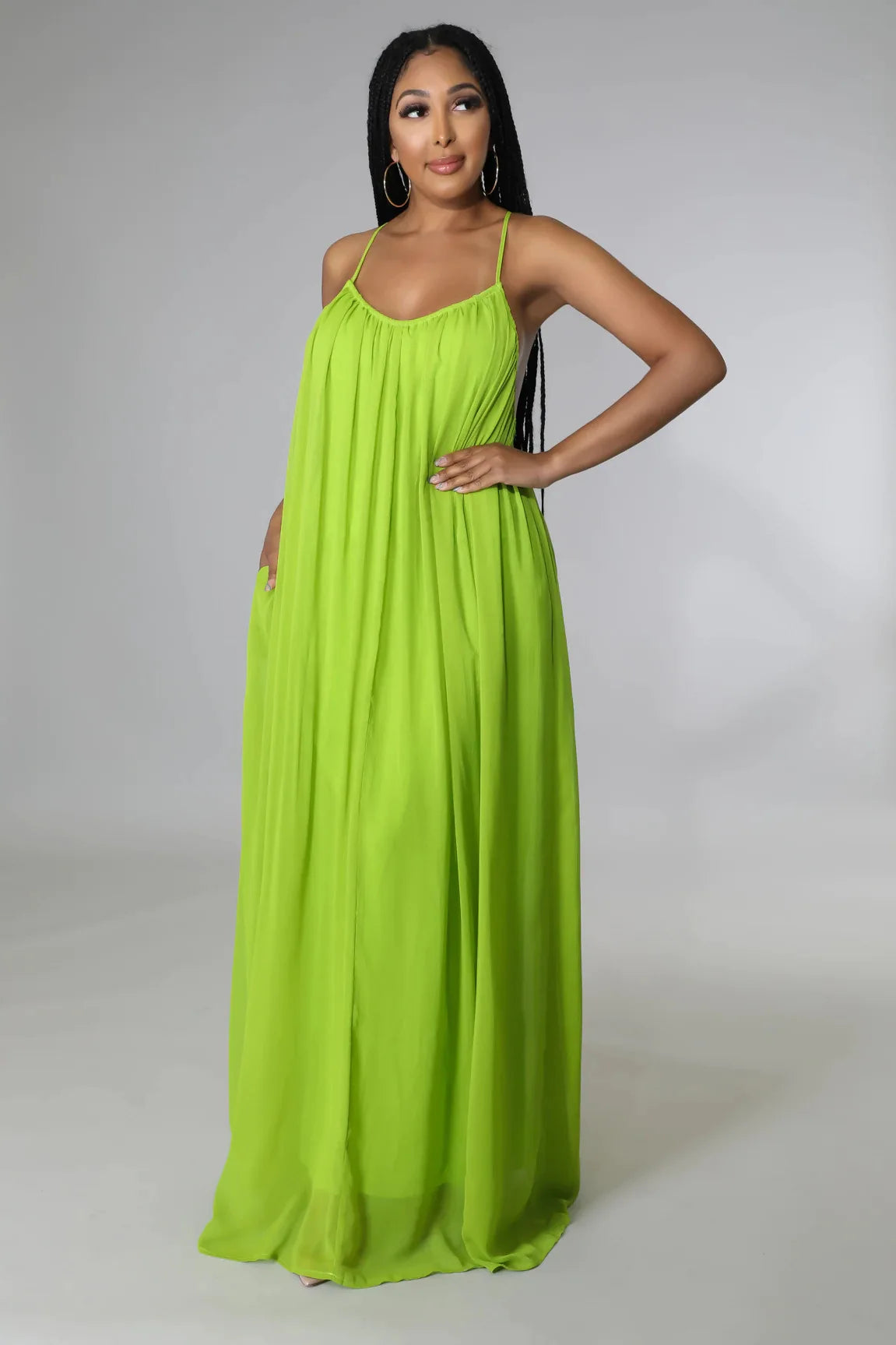Women Casual Solid Color Backless Spaghetti Strap Long Chifon Dress