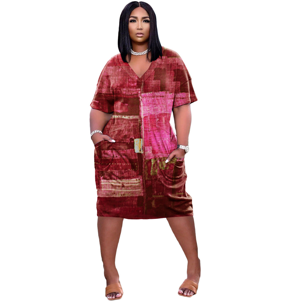 Short Sleeve v Neck Loose Print Women Mini Dress