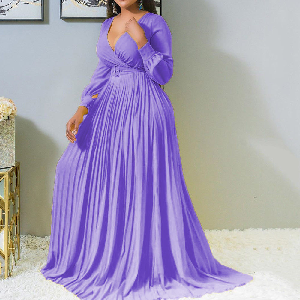 Fashionable Deep v Neck Floor-Length Fall Dress for Women in Plus Sizes