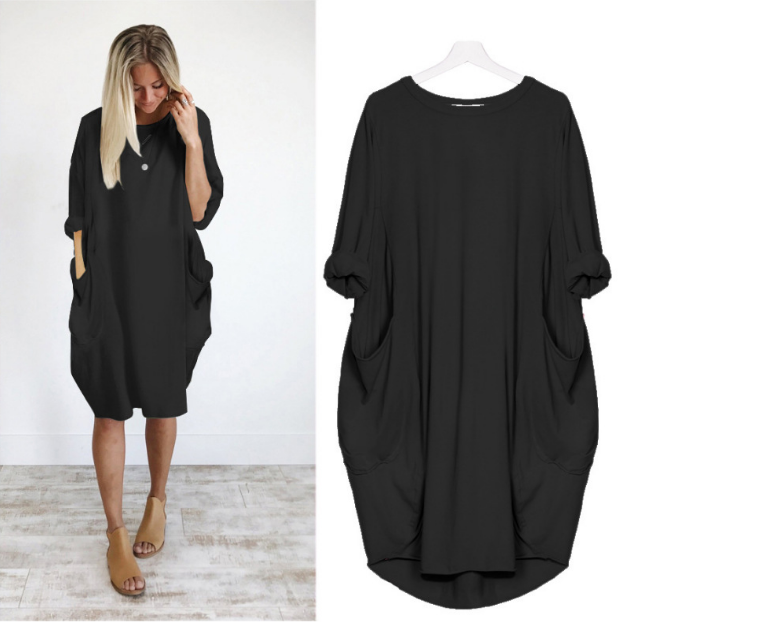 Loose Oversized Womens Baggy Pockets Knee Length Dress