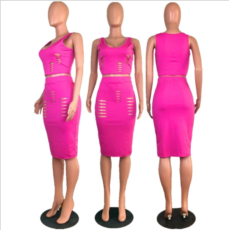 Fashion Solid Hole 2 Piece Women Summer Dress