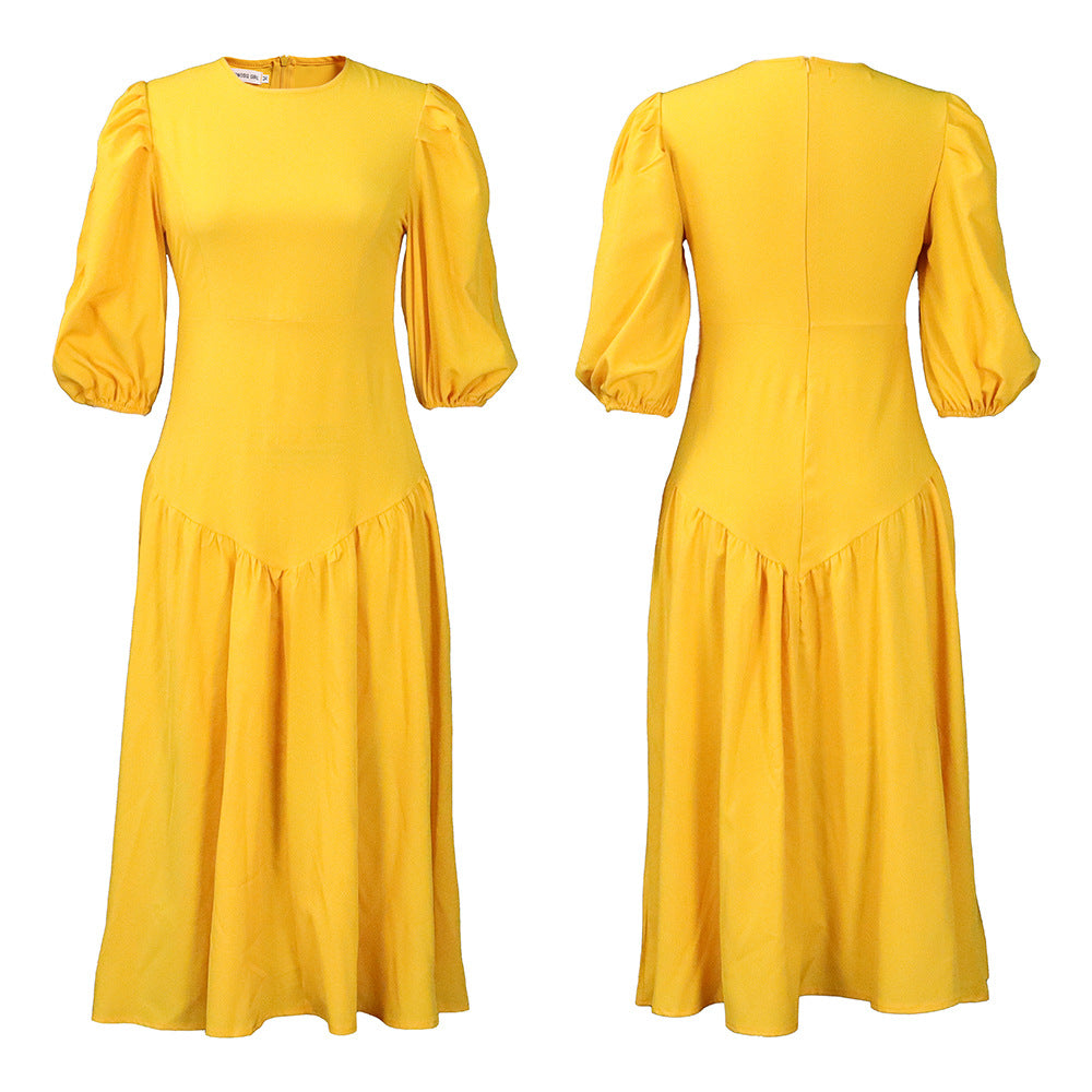 Long Puff Sleeve Pleat Casual Dresses Plus Size Fashion for Women