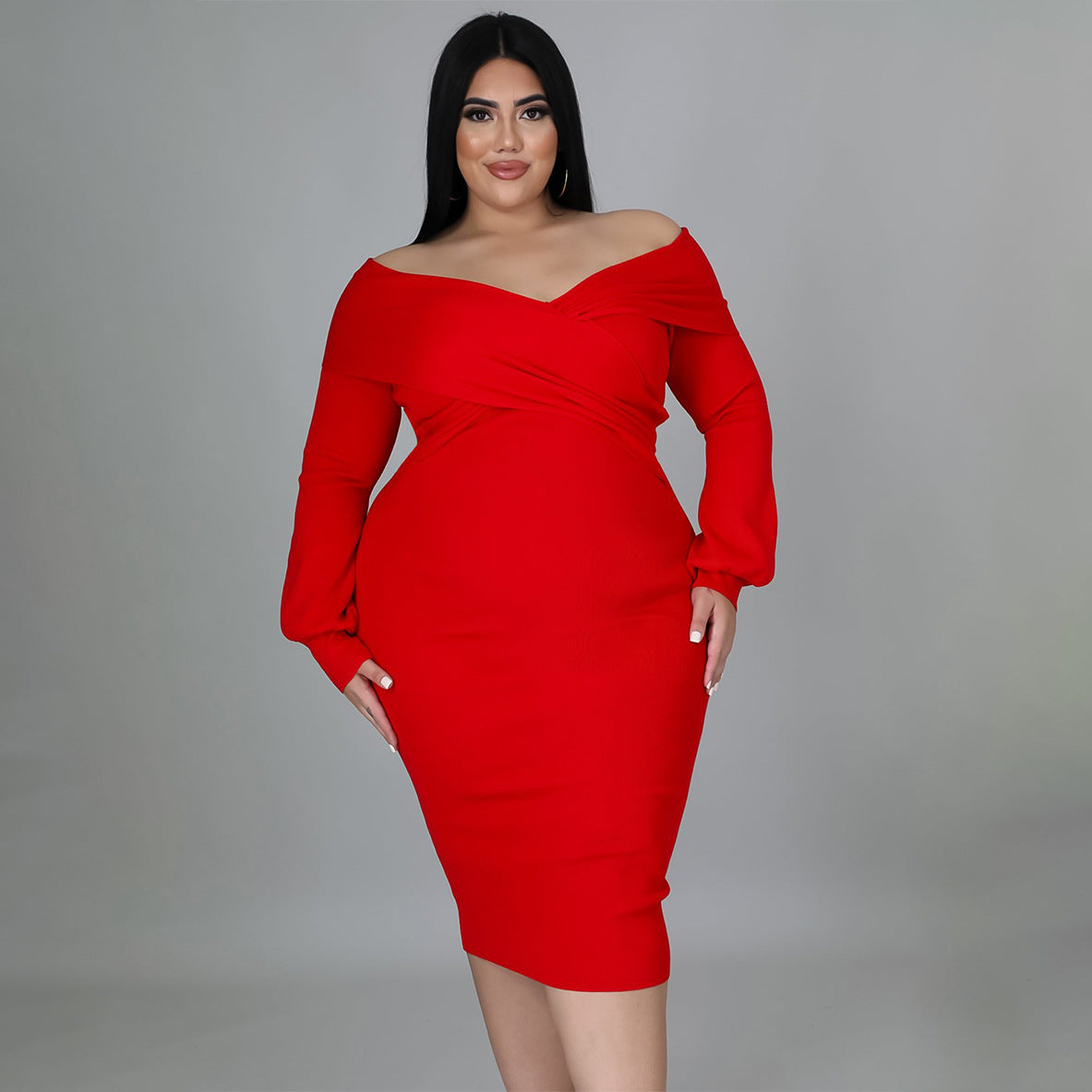 Women's Casual Dresses Off Shoulder Long Sleeve Midi Bodycon Dress