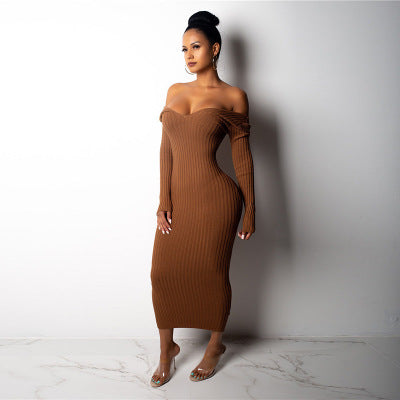 Women Long Sleeve Off Shoulder Knitted Sweater Dress