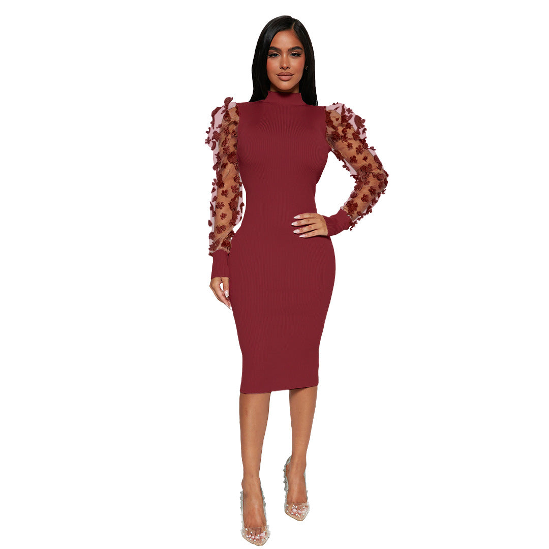 Women Mesh Sleeve Bodycon Knitted Dress
