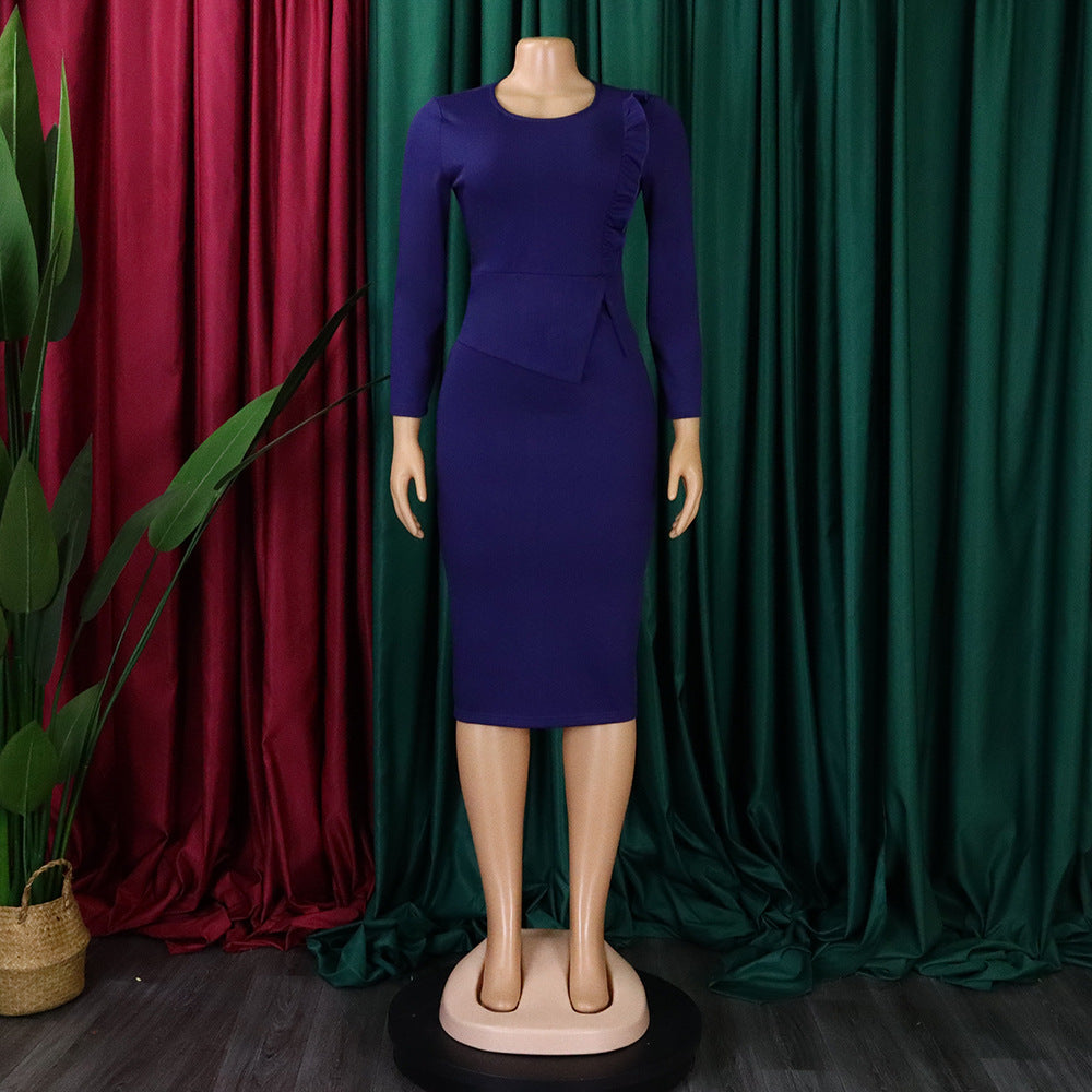 Women Slim Long Sleeve Ruched Office Dress